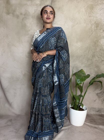 Indigo Blue Linen Cotton Saree with Silver Stripes & Abstract Print