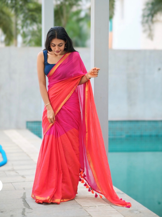 Dual Tone Pink & Orange Mul Cotton Saree with Contrast Border