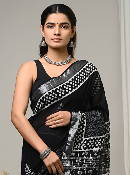 Elegant Black Linen Cotton Saree with Silver Traditional Prints