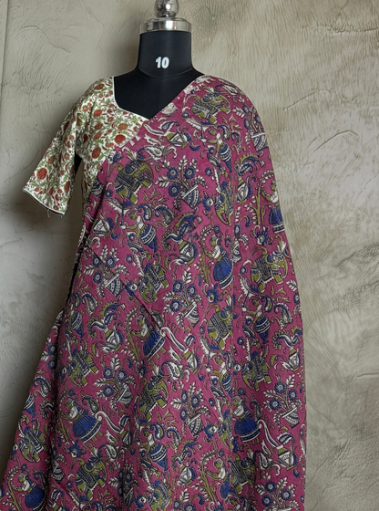 Rose Pink Cotton Kalamkari Saree with Mythological Motifs & Ethnic Border