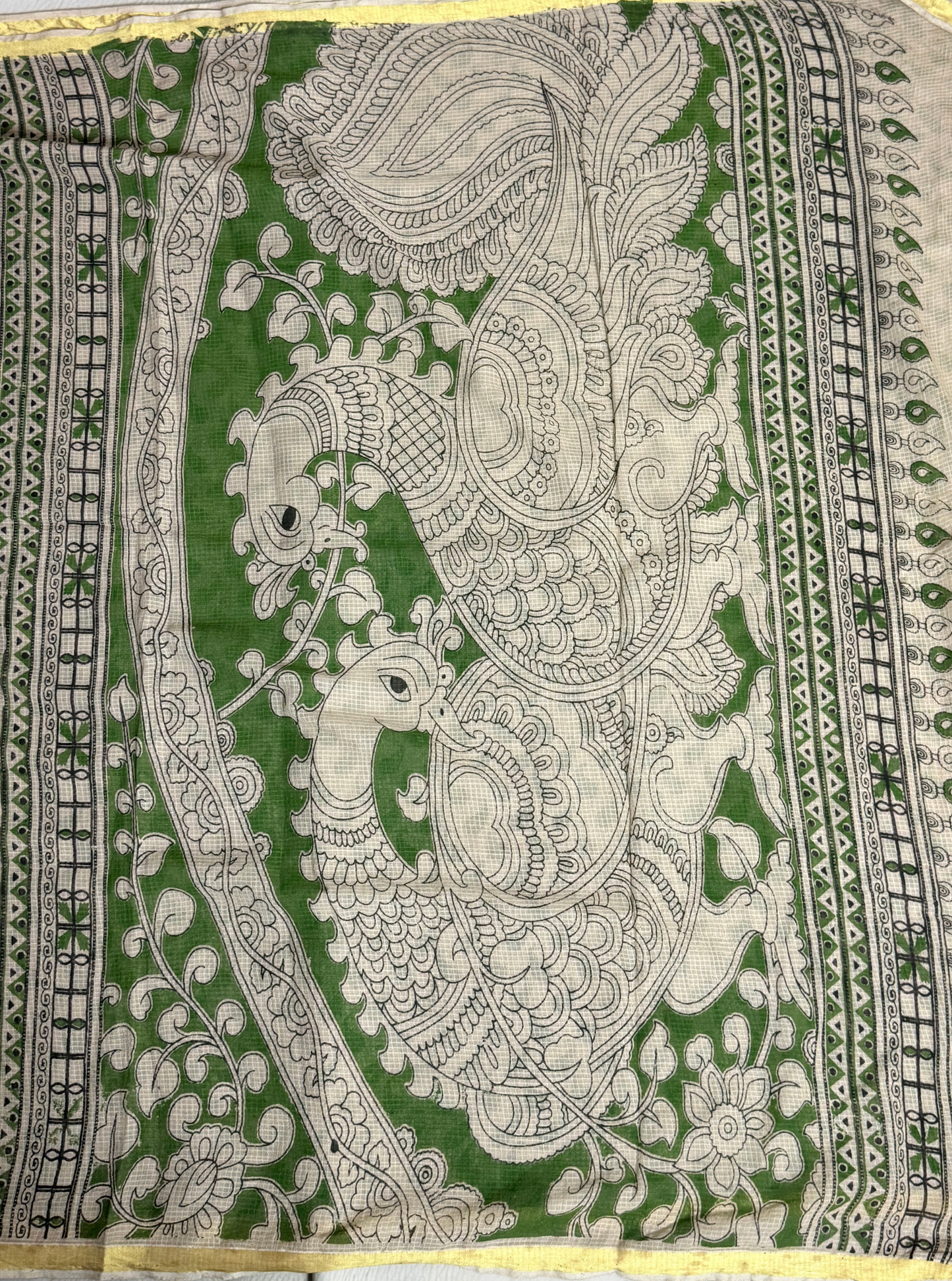 Brown Kota Cotton Saree with Floral Bird Motifs & Green Ethnic Border