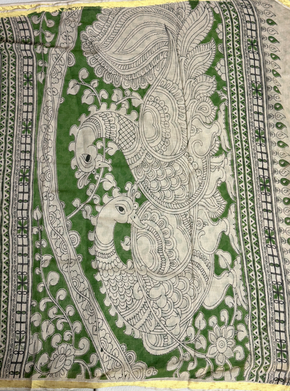 Brown Kota Cotton Saree with Floral Bird Motifs & Green Ethnic Border