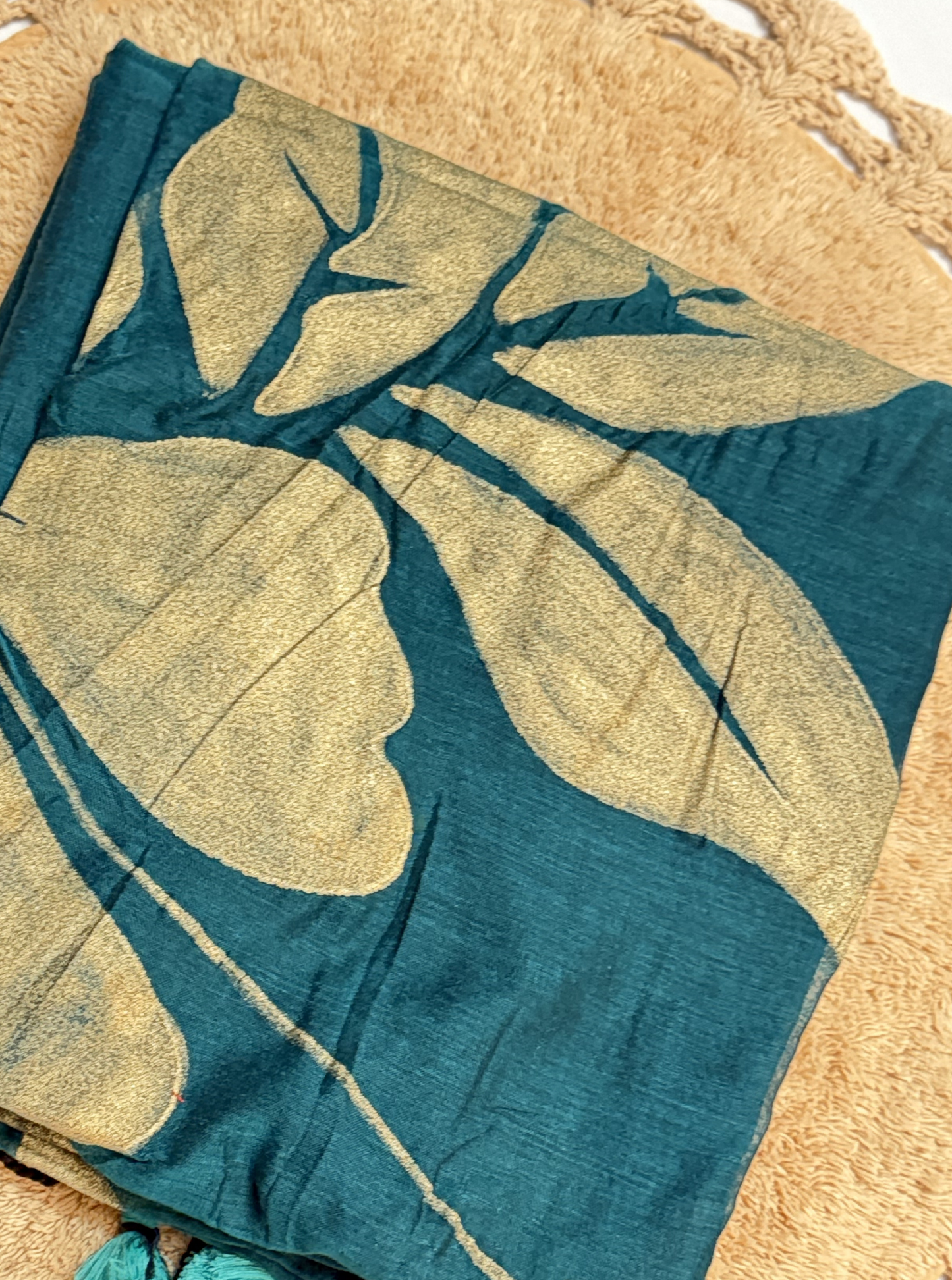 Teal Mul Cotton Saree with Golden Leaf Design & Tassels