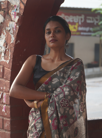 Grey & Maroon Mangalagiri Silk Saree with Elegant Floral Kalamkari-Inspired Design