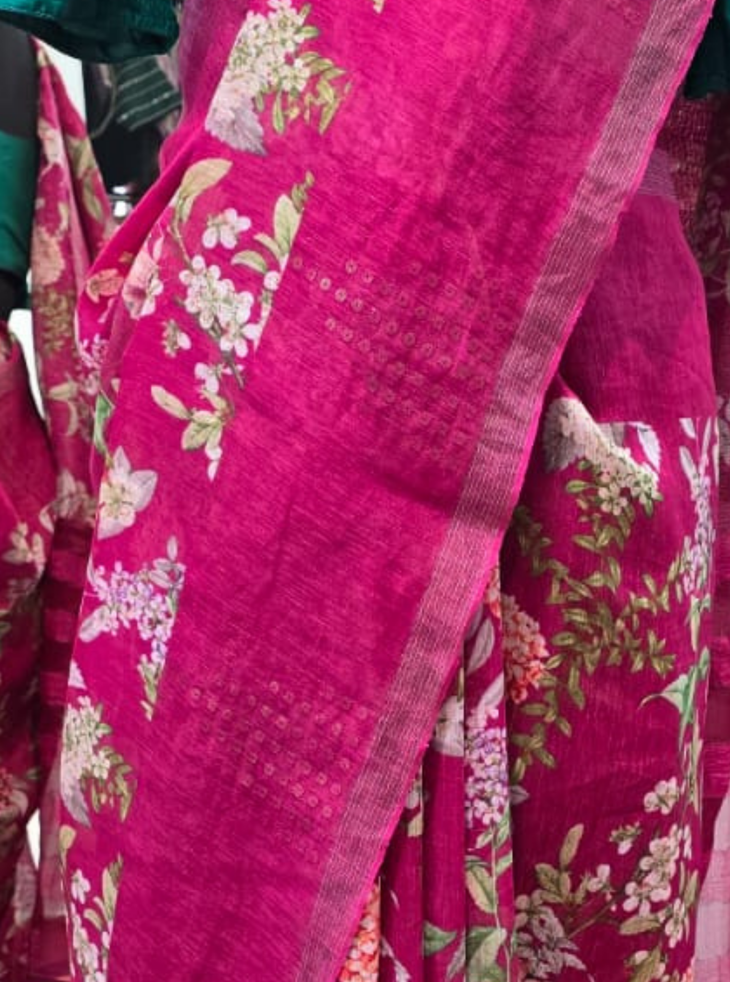 Rani Pink Pure Linen Kora Silk Saree with Floral Digital Print