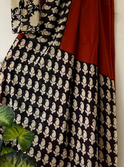 Black & Rust Bagru Print Cotton Saree with Leaf Motifs