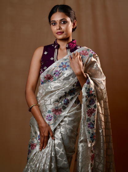 Elegant Silver Tissue Silk Saree with Floral Embroidery Border