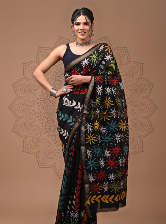 Black Maheshwari Silk Saree with Multicolour Floral Motifs
