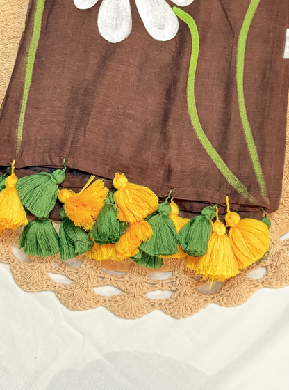 Earthy Brown Mul Cotton Saree with Handpainted Daisy Motif & Contrast Tassels