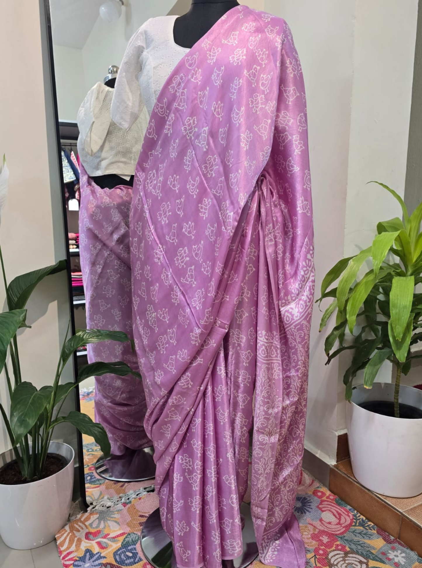 Lavender Pink Modal Silk Saree with Traditional Motif Print