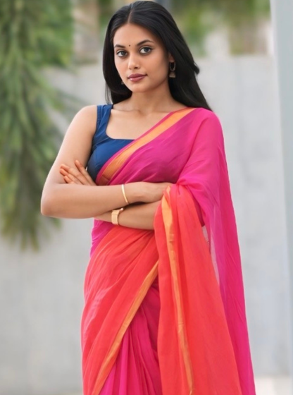 Dual Tone Pink & Orange Mul Cotton Saree with Contrast Border