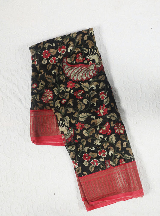 Black Chanderi Silk Saree with Kalamkari-Inspired Peacock Motifs & Red Zari Border