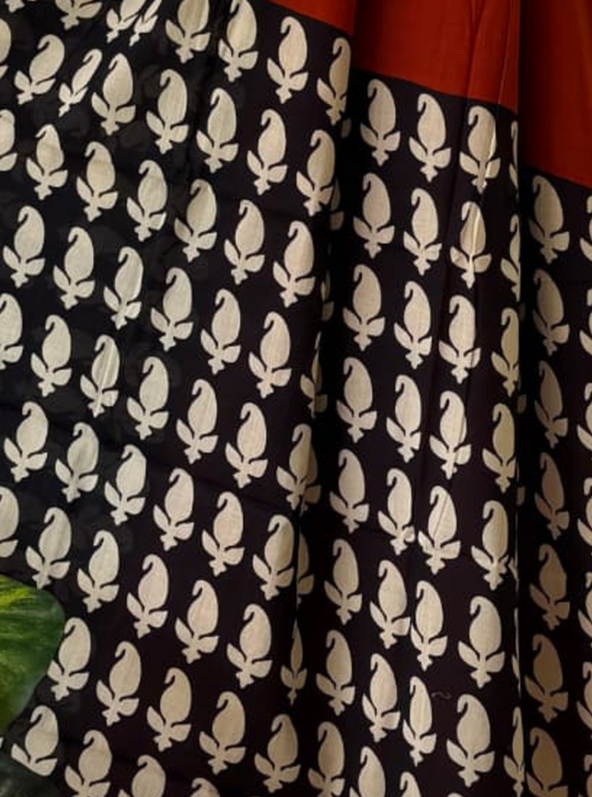 Black & Rust Bagru Print Cotton Saree with Leaf Motifs