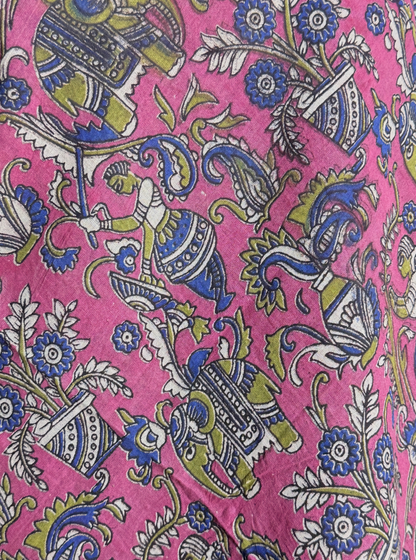 Rose Pink Cotton Kalamkari Saree with Mythological Motifs & Ethnic Border