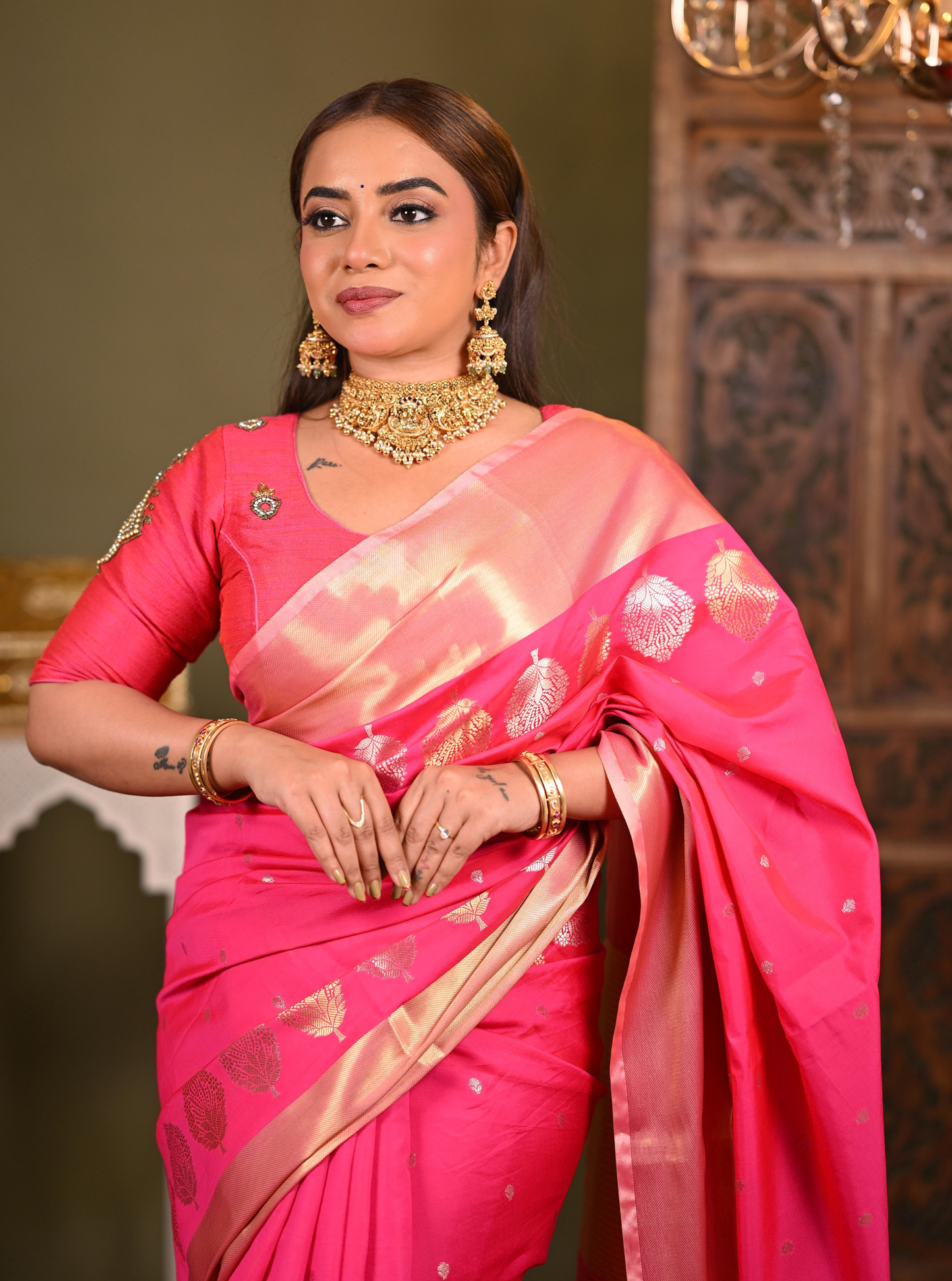 Royal Pink Mango Silk Banarasi Saree with Gold Zari Motifs