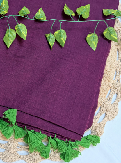 Regal Wine Mul Cotton Saree with Contrast Green Border & Tassels