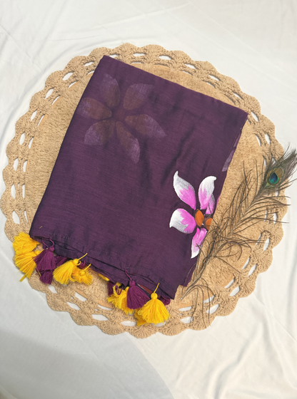 Plum Mul Cotton Saree with Hand-Painted Floral Design & Contrast Tassels