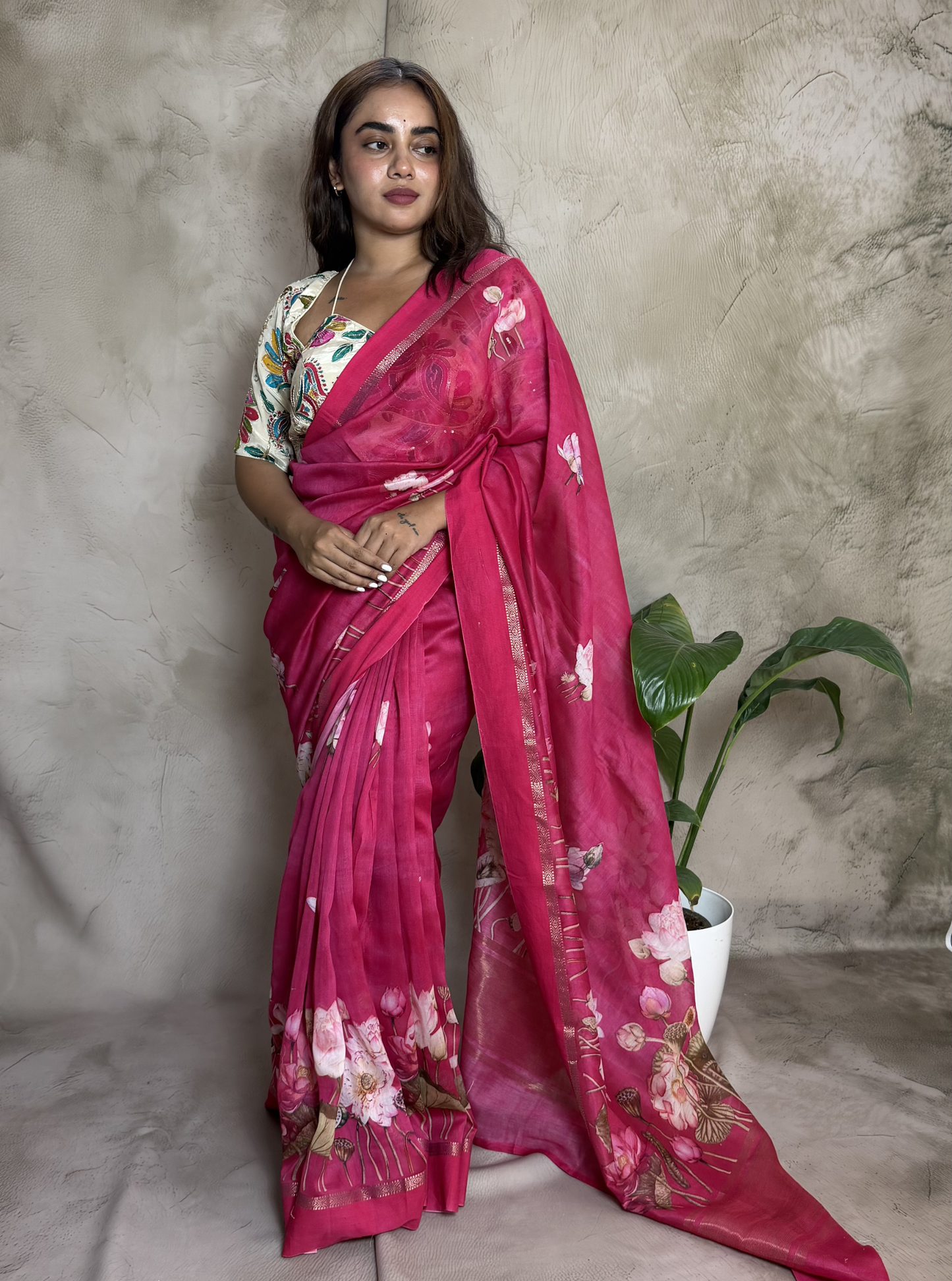 Rani Pink Chanderi Silk Saree with Floral Digital Print