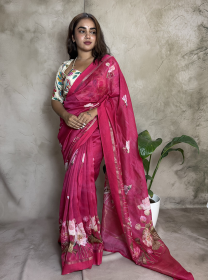 Rani Pink Chanderi Silk Saree with Floral Digital Print