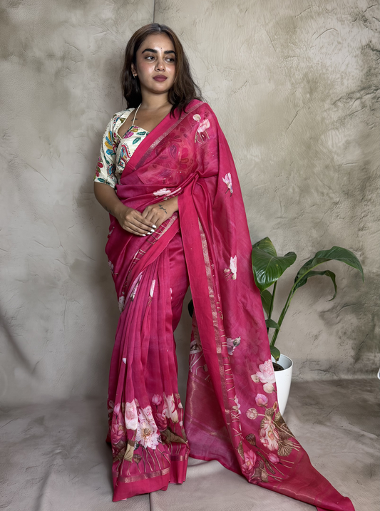 Rani Pink Chanderi Silk Saree with Floral Digital Print