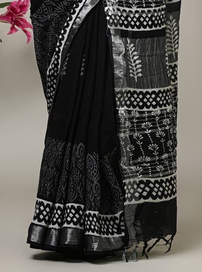 Elegant Black Linen Cotton Saree with Silver Traditional Prints