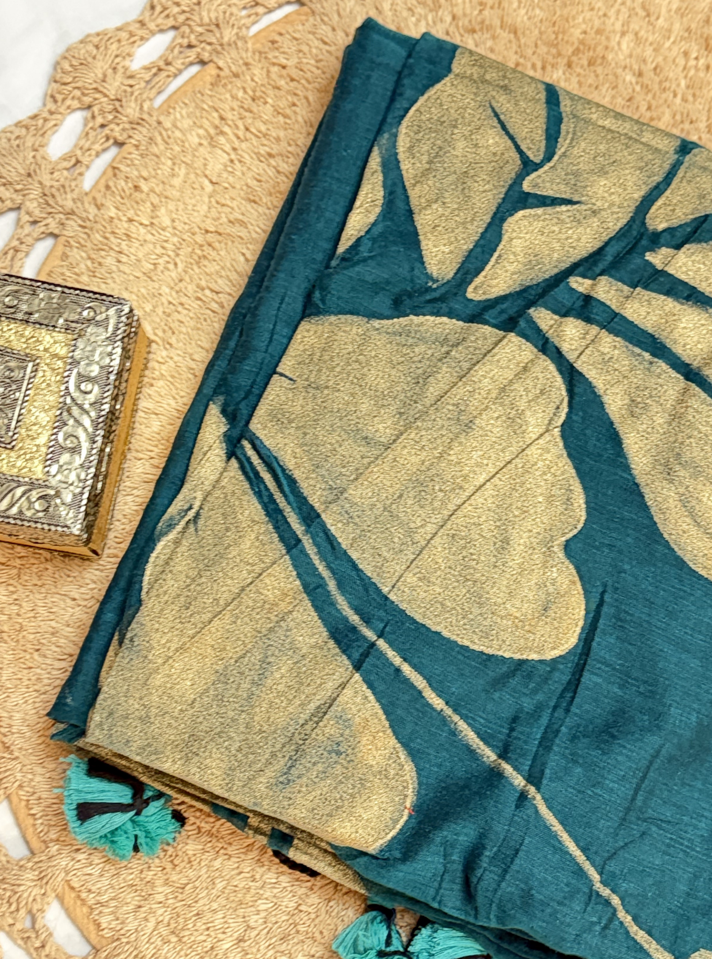 Teal Mul Cotton Saree with Golden Leaf Design & Tassels