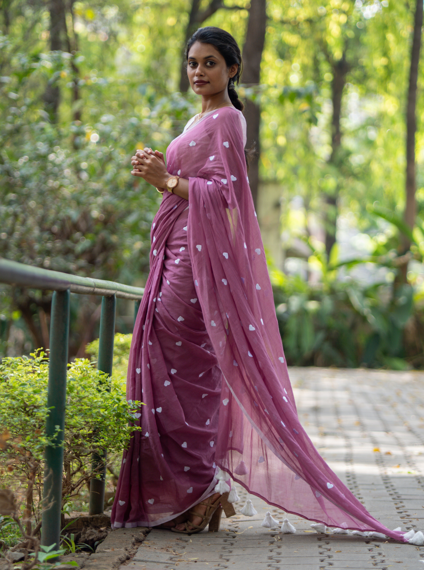 Soft Rose Pink Mul Cotton Saree with Heart Motifs