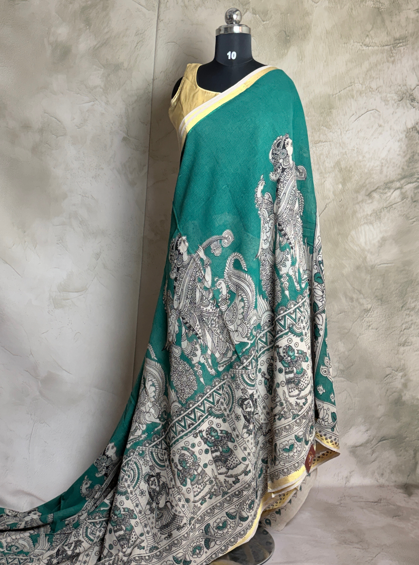 Teal Green Kota Cotton Saree with Mythological Kalamkari Inspired Border
