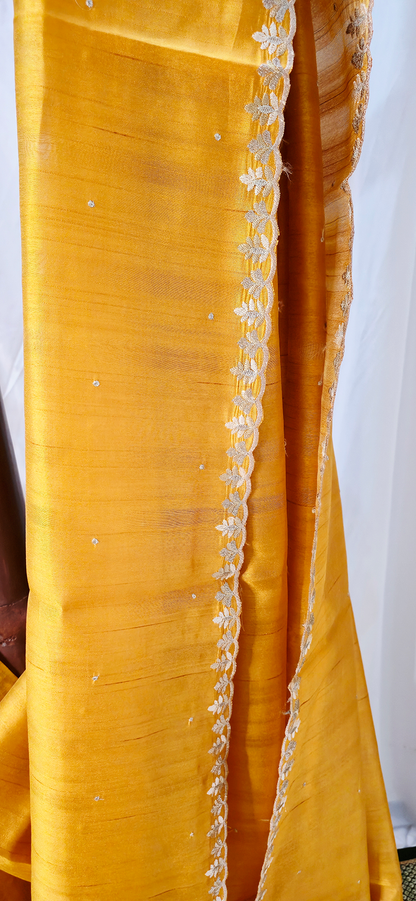 Elegant Yellow Tussar Silk Saree with Silver Embroidery Border for Festive and Party Wear