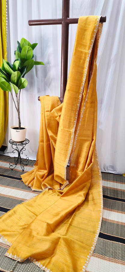 Elegant Yellow Tussar Silk Saree with Silver Embroidery Border for Festive and Party Wear