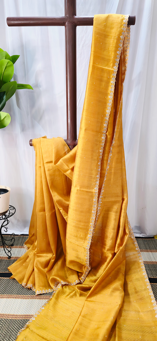 Elegant Yellow Tussar Silk Saree with Silver Embroidery Border for Festive and Party Wear