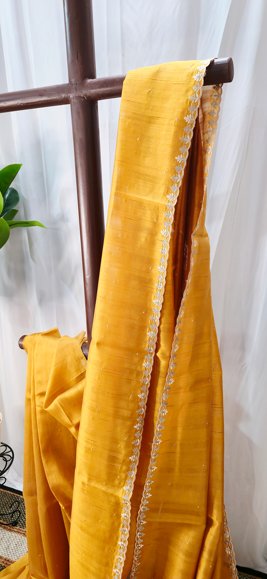 Elegant Yellow Tussar Silk Saree with Silver Embroidery Border for Festive and Party Wear