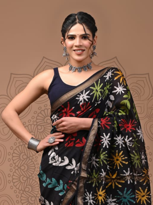 Black Maheshwari Silk Saree with Multicolour Floral Motifs