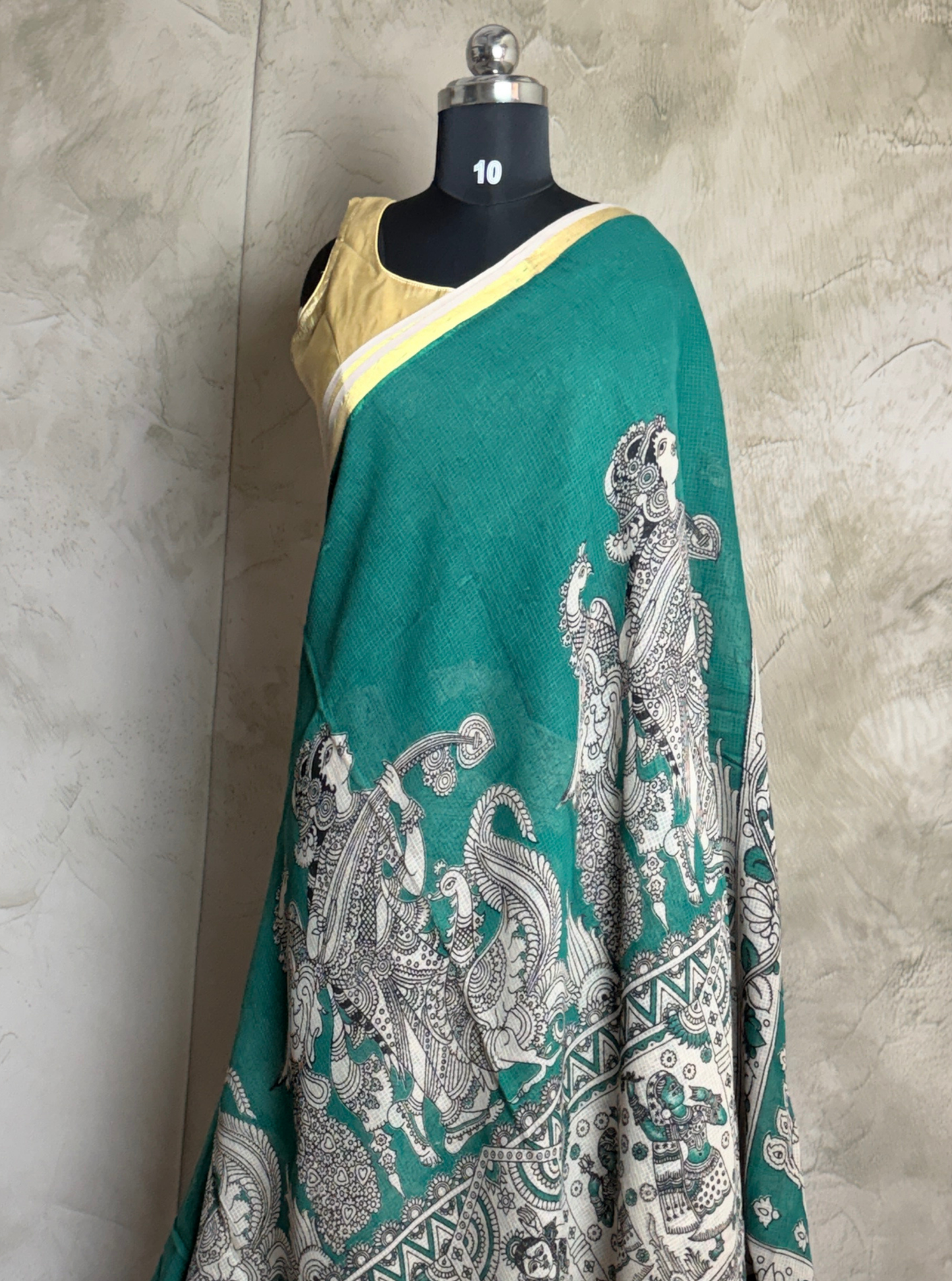 Teal Green Kota Cotton Saree with Mythological Kalamkari Inspired Border