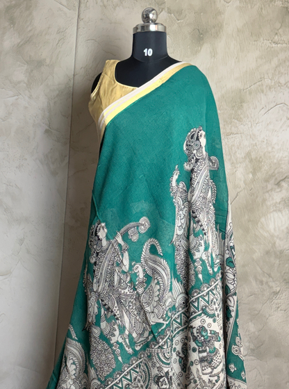 Teal Green Kota Cotton Saree with Mythological Kalamkari Inspired Border