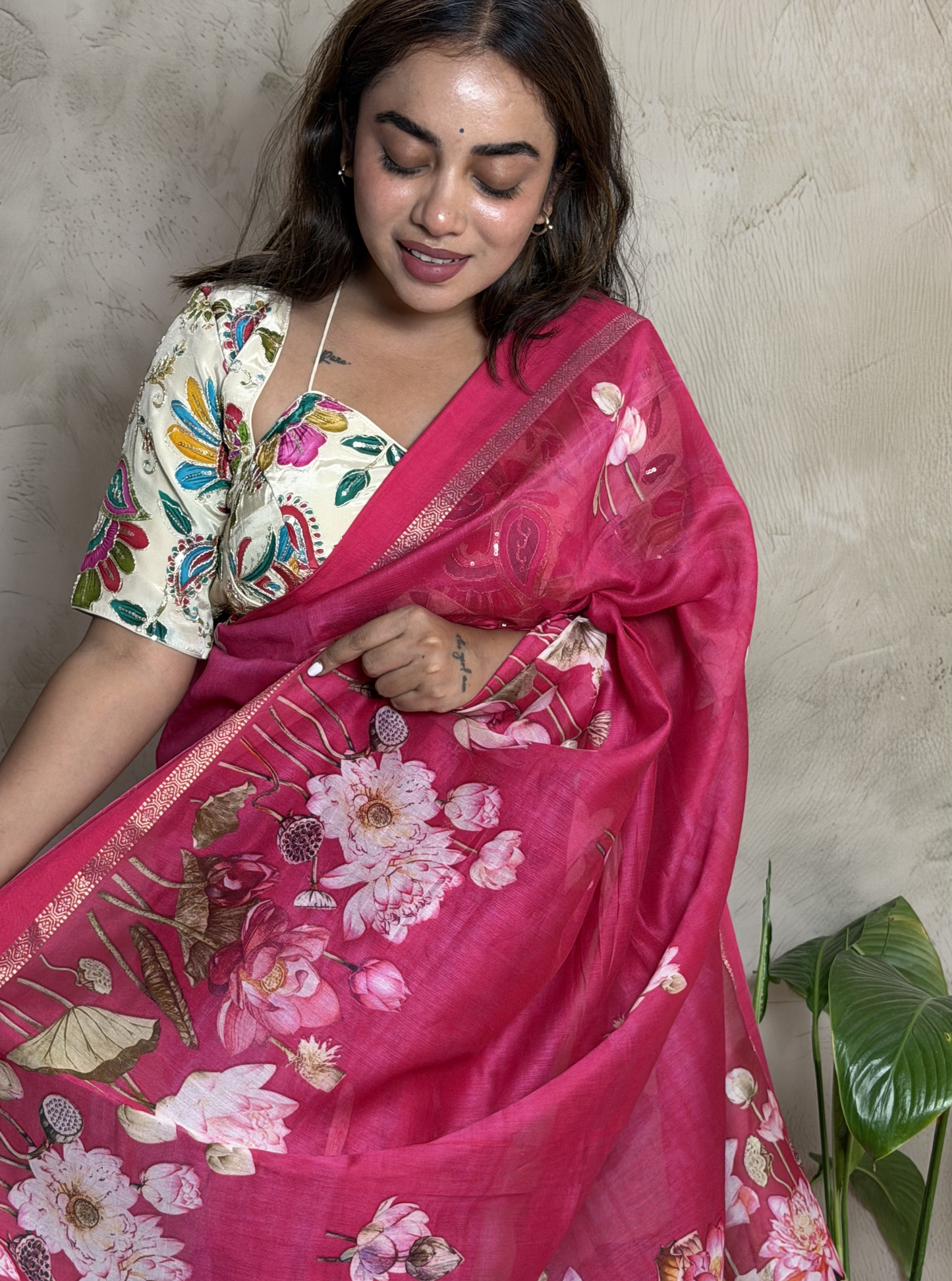 Rani Pink Chanderi Silk Saree with Floral Digital Print