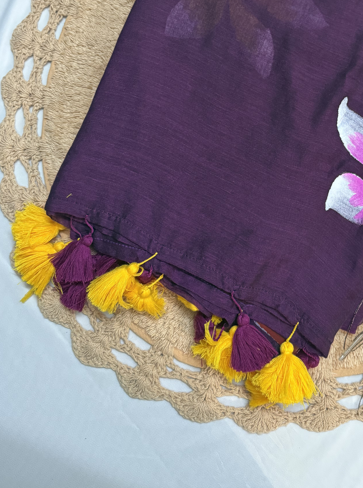 Plum Mul Cotton Saree with Hand-Painted Floral Design & Contrast Tassels