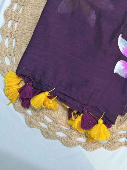 Plum Mul Cotton Saree with Hand-Painted Floral Design & Contrast Tassels