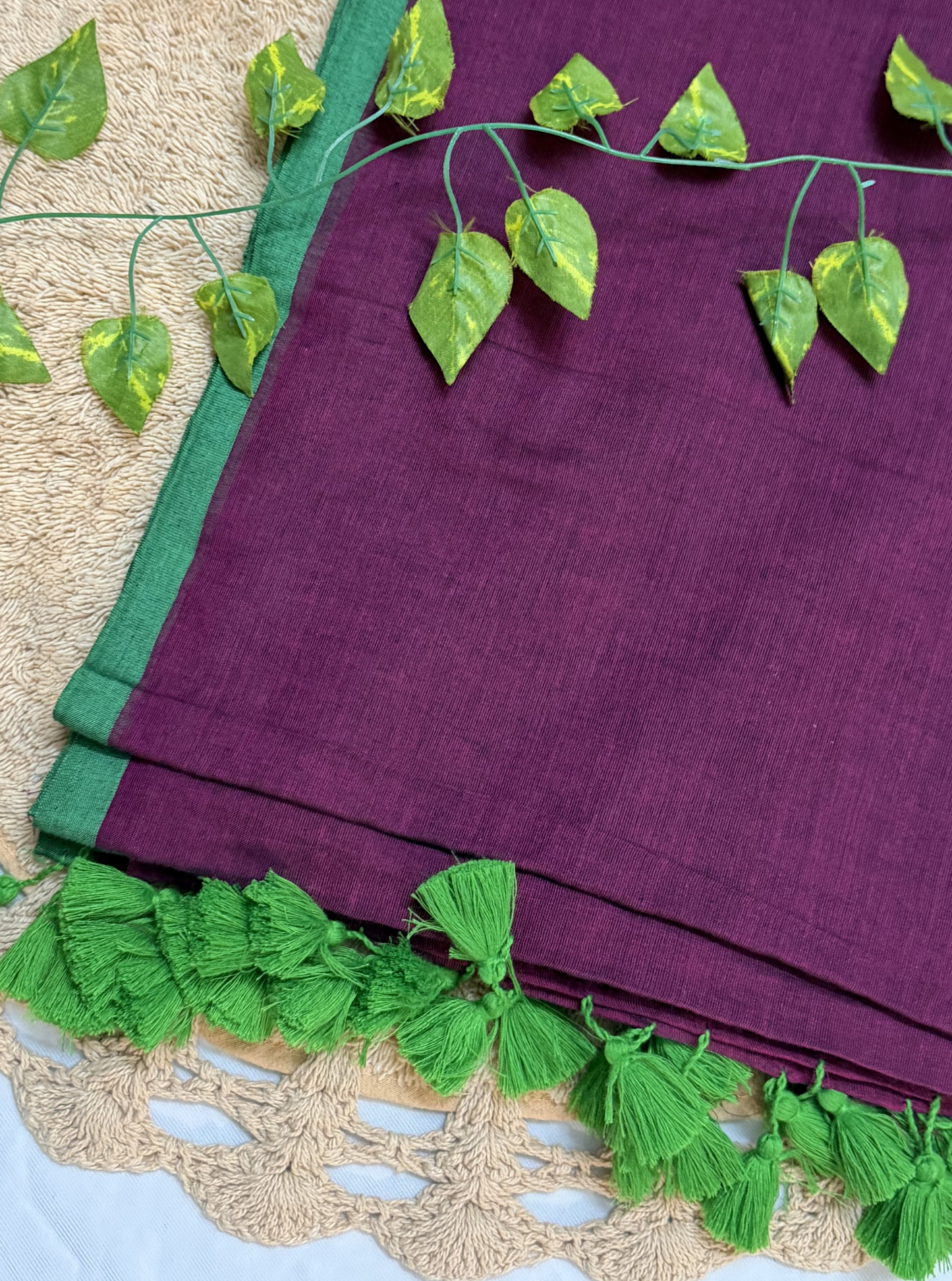 Regal Wine Mul Cotton Saree with Contrast Green Border & Tassels
