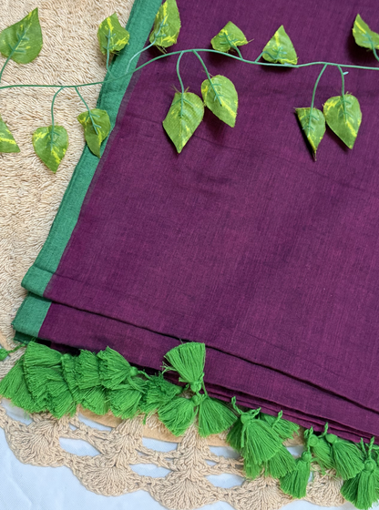 Regal Wine Mul Cotton Saree with Contrast Green Border & Tassels