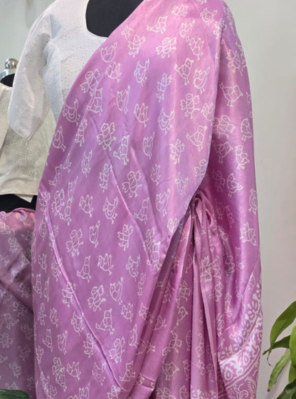 Lavender Pink Modal Silk Saree with Traditional Motif Print