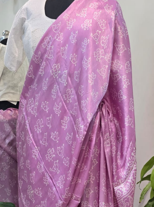 Lavender Pink Modal Silk Saree with Traditional Motif Print