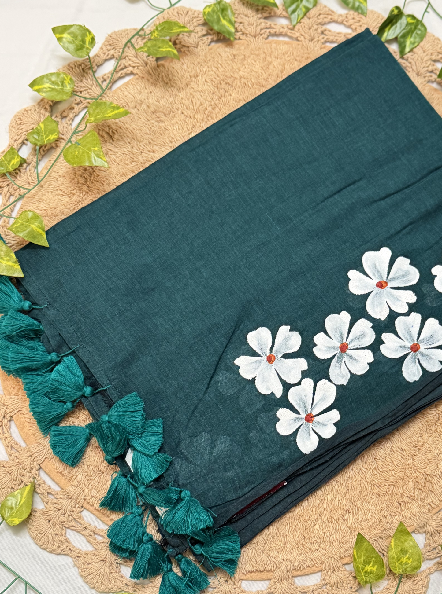 Emerald Green Mul Cotton Saree with White Floral Design & Tassels