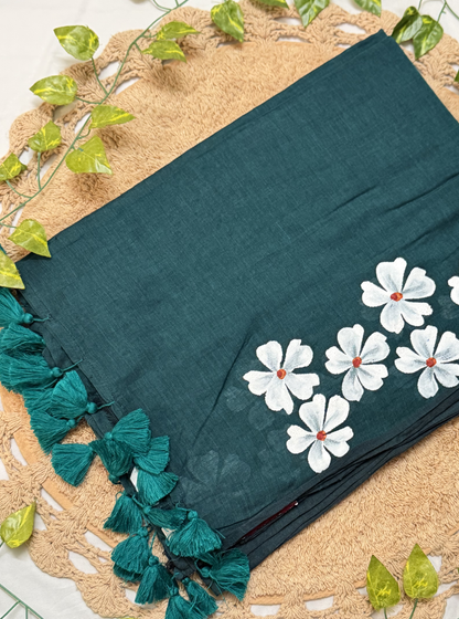 Emerald Green Mul Cotton Saree with White Floral Design & Tassels