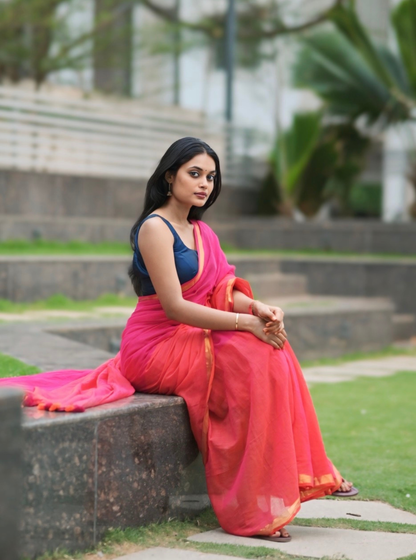 Dual Tone Pink & Orange Mul Cotton Saree with Contrast Border