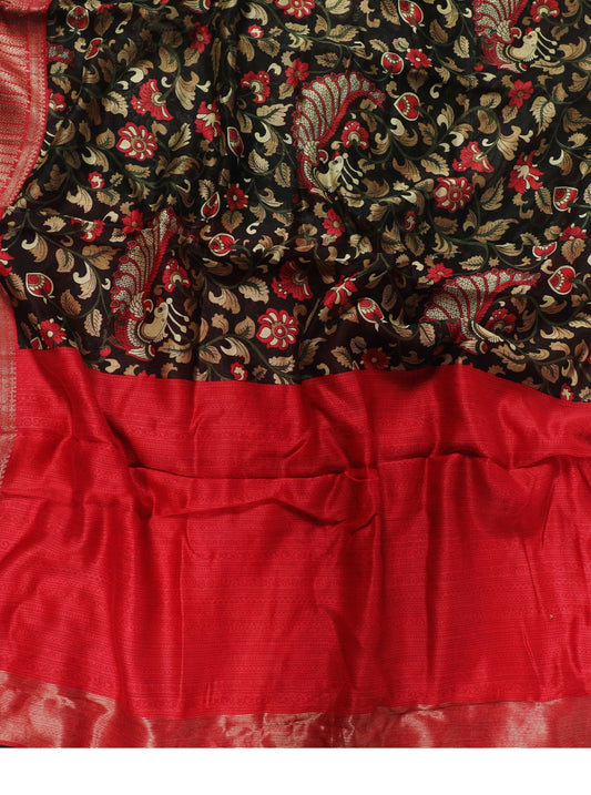 Black Chanderi Silk Saree with Kalamkari-Inspired Peacock Motifs & Red Zari Border