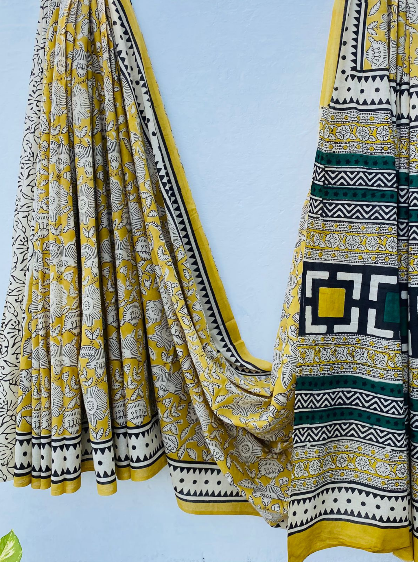 Mustard Yellow Bagru Handblock Printed Cotton Saree