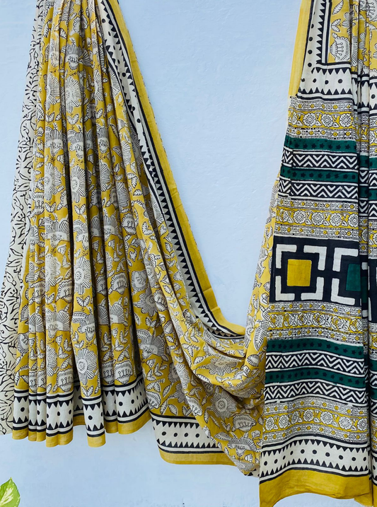 Mustard Yellow Bagru Handblock Printed Cotton Saree