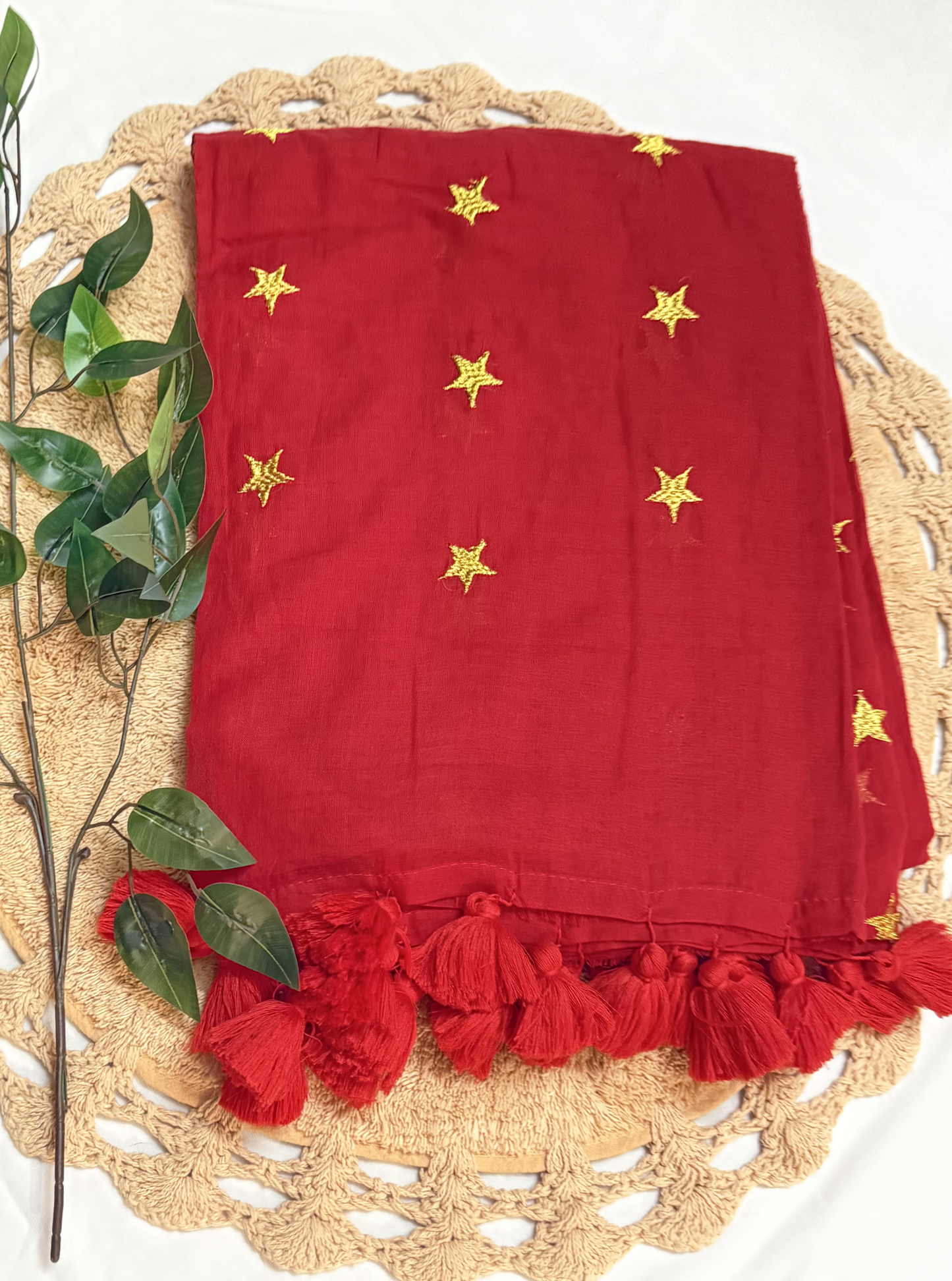 Ruby Red Mul Cotton Saree with Golden Star Butti & Tassel Pallu