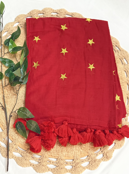 Ruby Red Mul Cotton Saree with Golden Star Butti & Tassel Pallu